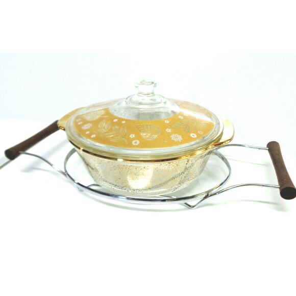 Vtg Mid-Century 22k Gold Leaf COVERED 2QT CASSEROLE DISH & STAND Fire King GVC! - Picture 1 of 10
